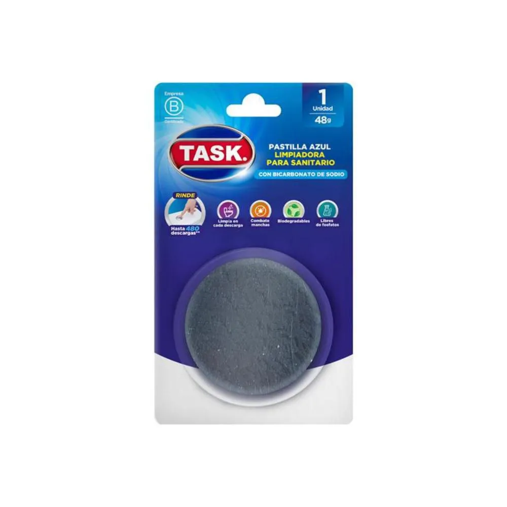 PASTILLA AZUL SANITARIO TASK Elimina eficazmente los olores desagradables en inodoros, ayudando a mantener el baño limpio y fresco en todo momento.