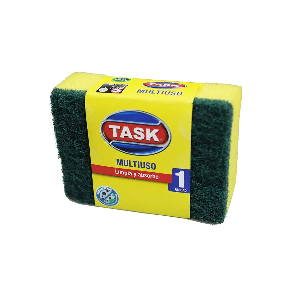 Esponja Multiusos TASK x 1 Limpia  y Absorbe es ideal para mantener tu hogar limpio y ordenado. Diseñada para una limpieza eficaz en múltiples superficies, combina resistencia y alta capacidad de absorción, lo que la hace perfecta para tareas en la cocina, el baño y otras áreas del hogar. Su textura duradera ayuda a remover grasa, suciedad y manchas con facilidad, mientras que su poder absorbente permite una limpieza rápida y eficiente.